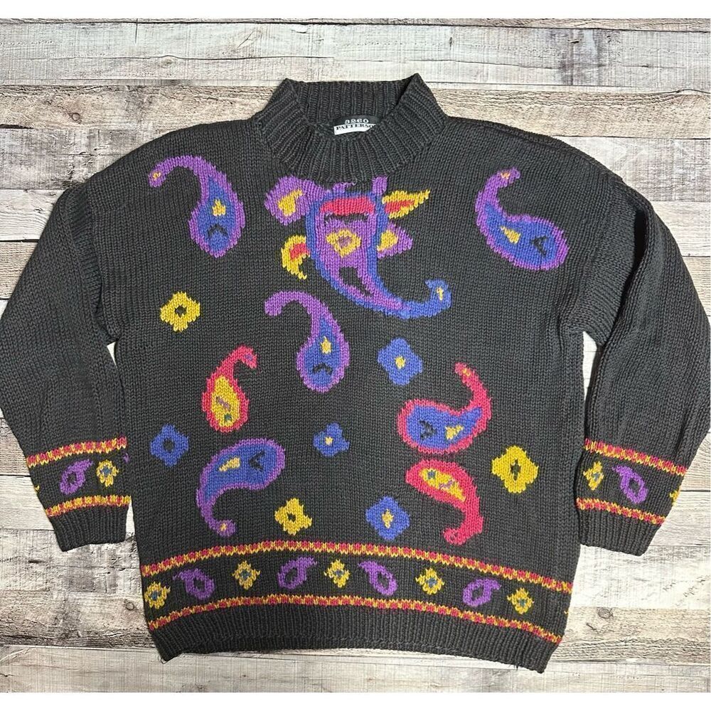 Vintage Funky Boho Paisley Print Chunky Knit Mock Neck Grandma Sweater | Medium - Picture 1 of 6